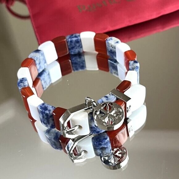 New Rustic Cuff Patriotic USA Natural Gemstone Charay Stretchy Bracelet - Picture 1 of 4